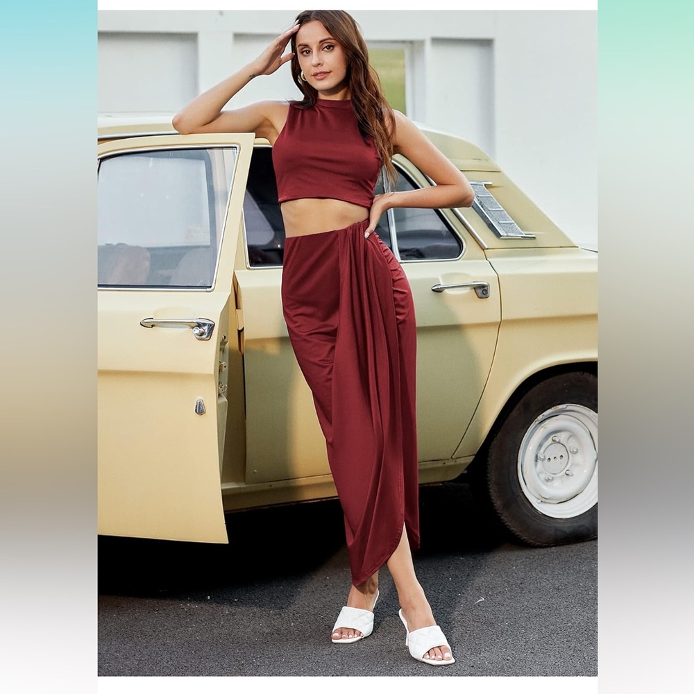Red Zaful 2 piece crop top and faux wrap cinch waist skirt